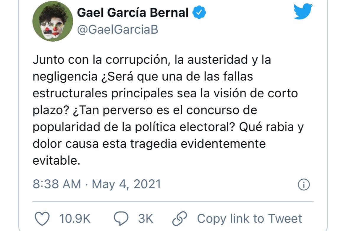 Gael García afirma que corrupción es la causa de accidente en el Metro: “Qué rabia y dolor causa esta tragedia evidentemente evitable”