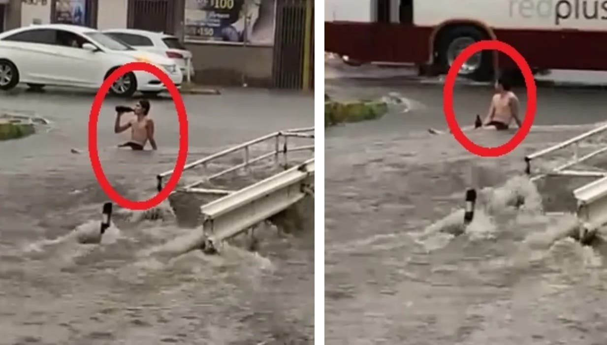 Se baña y toma una caguama en plena calle inundada