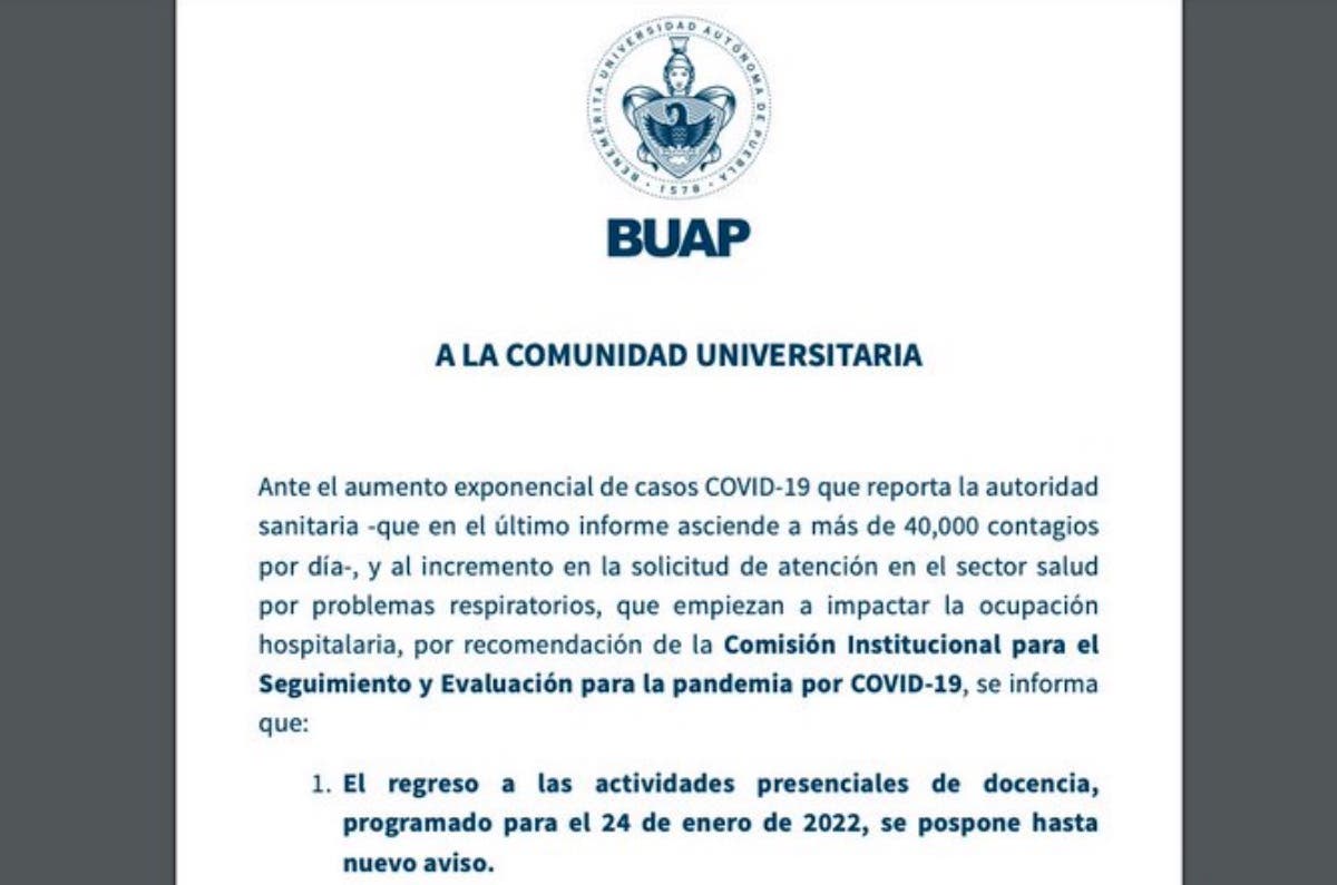 OJO: Suspende BUAP regresó a clases presenciales por oleada Ómicron en Puebla