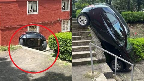 ¡Descuido termina en caos! Niña desactiva freno y el auto de su mamá cae por escaleras en Puebla