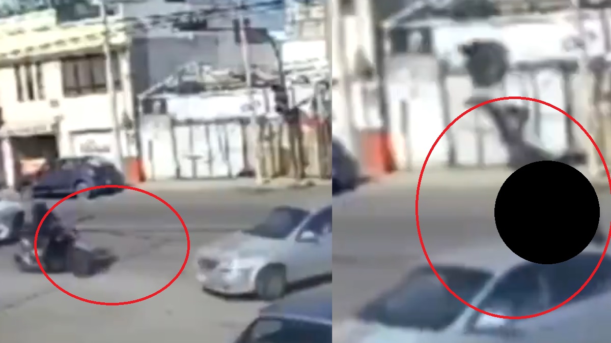 VIDEO Policía Municipal de Puebla estrella su motocicleta contra auto por exceso de velocidad en Avenida Nacional y 20 de Noviembre