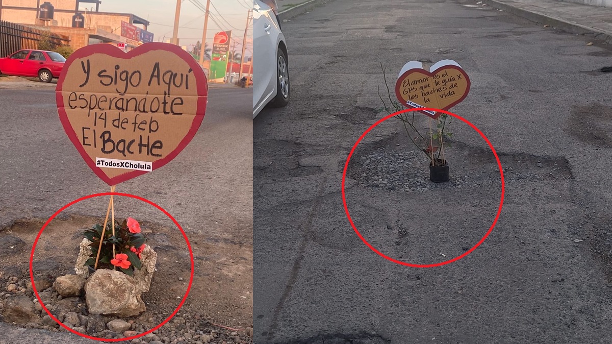 “Caí en ellos como caí en tus mentiras”: Protesta creativa con temática de 14 de Febrero por los baches en Puebla
