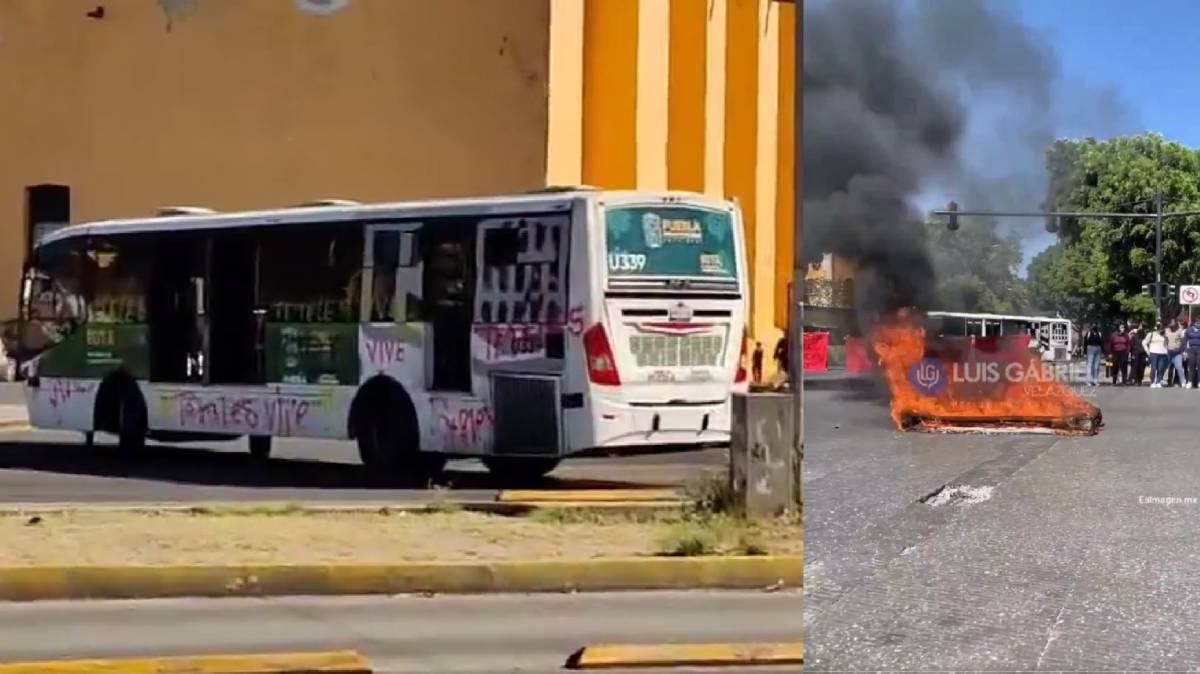Protesta en llamas: Normalistas incendian colchón y vandalizan unidad de RUTA en pleno corazón de Puebla