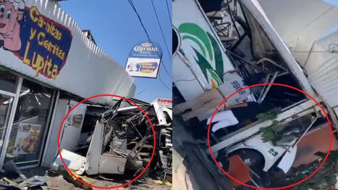 VIDEO Brutal choque en Amozoc: cami&oacute;n de pasajeros termina incrustado en un negocio de carnitas y deja varios heridos, dos graves