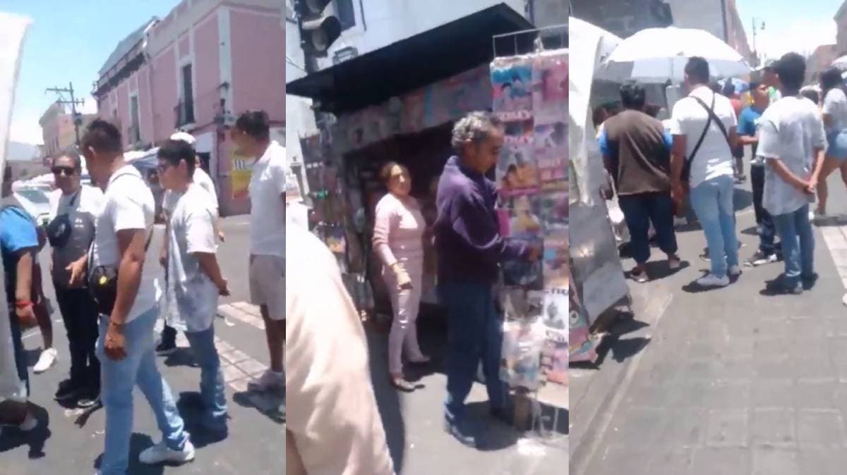 ¡Caos en el Centro Histórico! Acusan a supuestos ambulantes de atacar puesto de periódicos y agredir a voceadora en Puebla