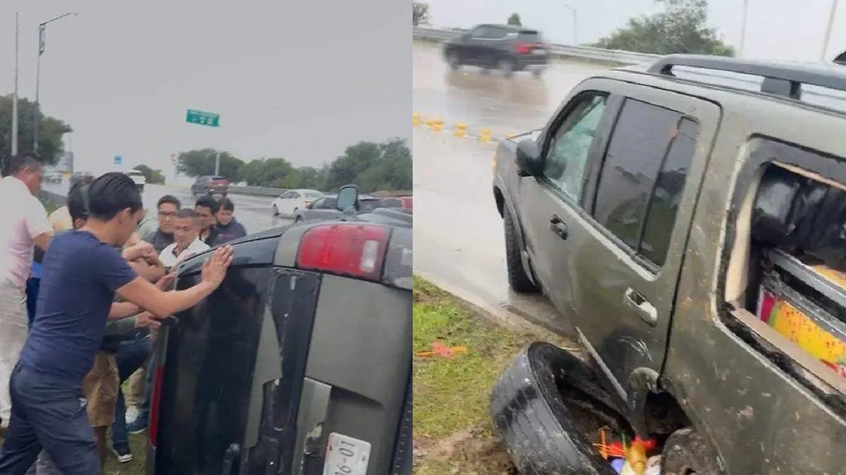 Vuelca camioneta del payaso Tripin en Periférico Ecológico; iba con sus hijos y staff rumbo a un show