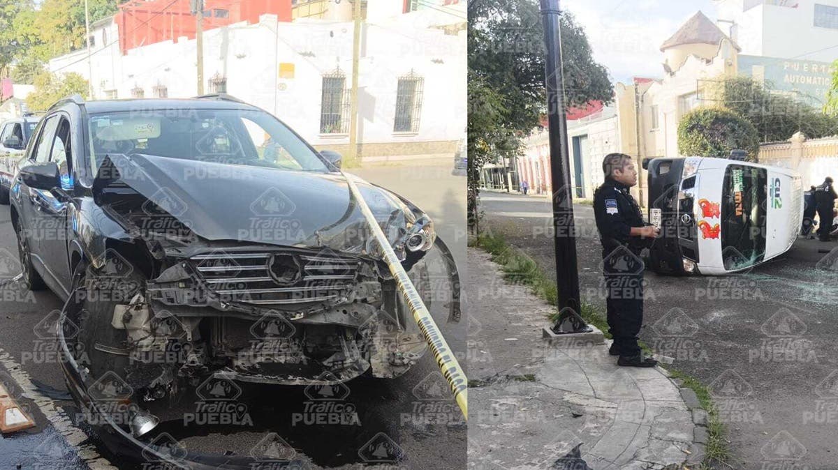 Ruta S3 vuelca tras pasarse el alto: choque en la 13 Sur y 21 Poniente deja al menos tres heridos
