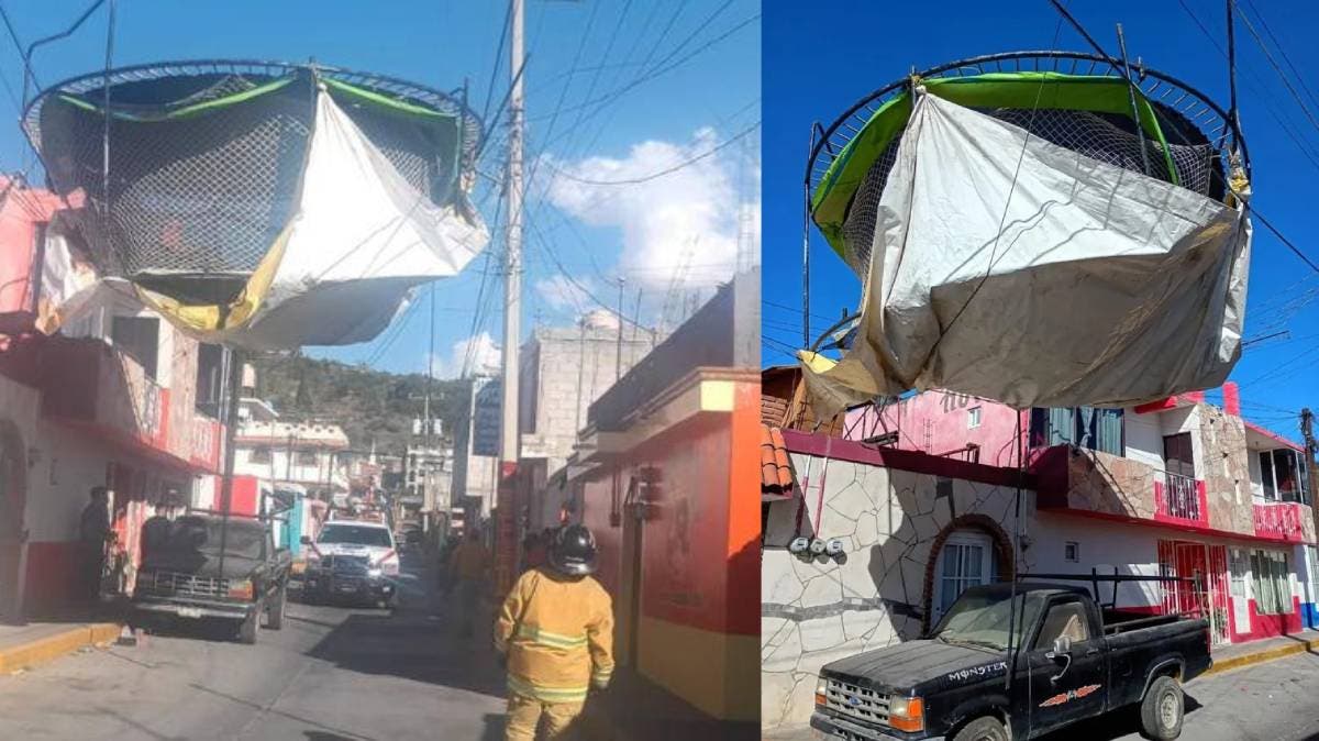 Brincolín queda suspendido en cables de luz tras fuerte ráfaga de viento en Ciudad Serdán; vecinos improvisan rescate