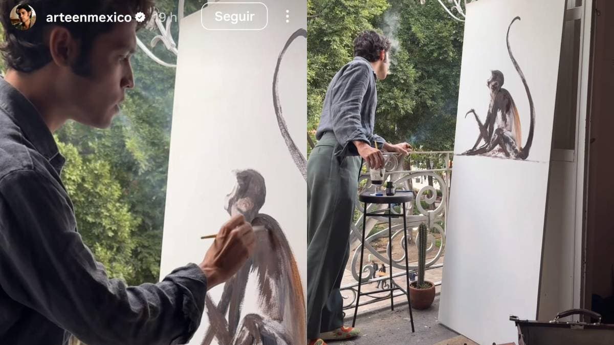 Pintor acusado de tráfico exhibe pintura de mono araña en Zócalo de Puebla; recientemente captaron a un ejemplar en el portal Iturbide