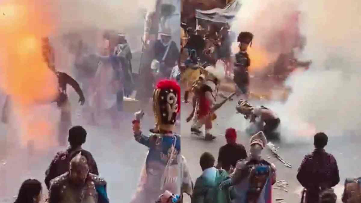 VIDEO: Danzante arde en llamas tras detonar su rifle durante representación del 5 de Mayo en Texmelucan