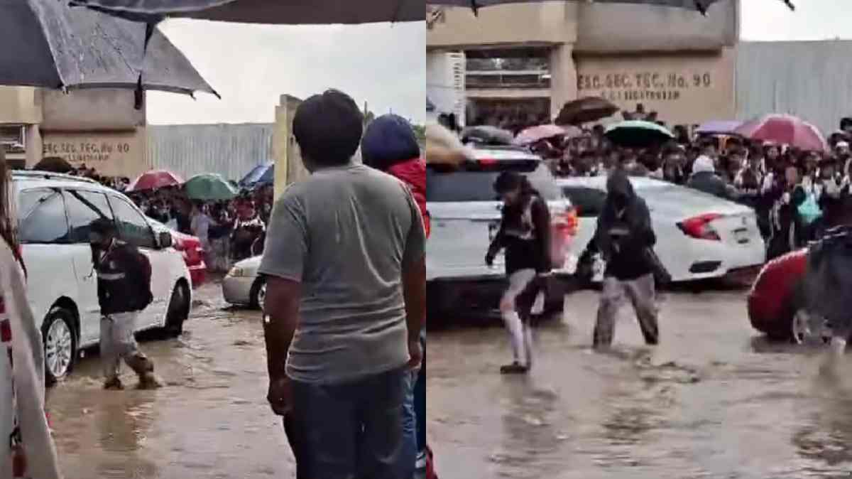 Alumnos enfrentan calles inundadas para entrar a clases; denuncian afectaciones frente a la Secundaria Técnica 90 de Amozoc