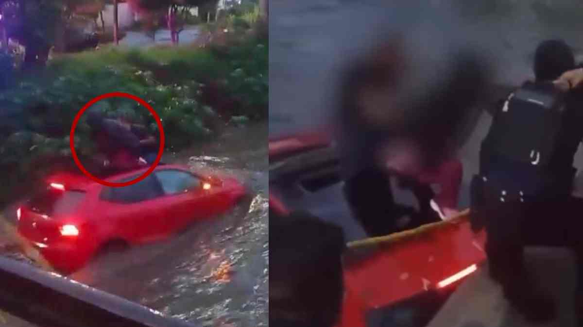 Pareja poblana es rescatada tras ser arrastrada por la corriente en Tlaxcala; su automóvil terminó en el río