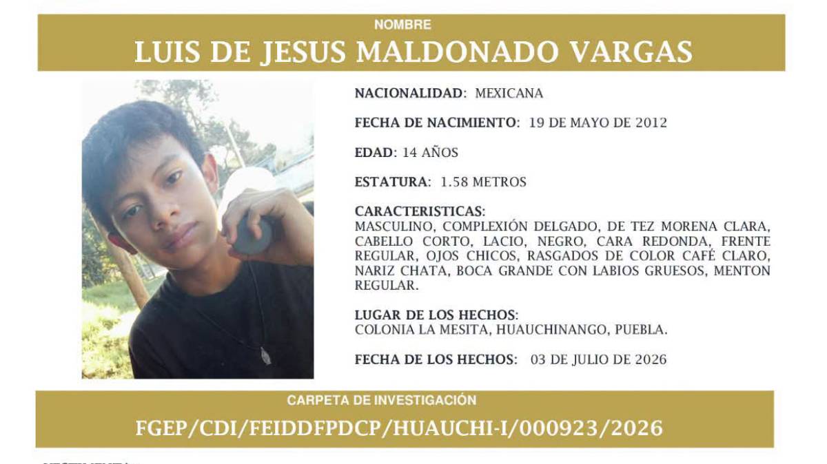 Buscan con urgencia a Luis de Jesús, estudiante de 14 años desaparecido en Huauchinango; salió con uniforme escolar