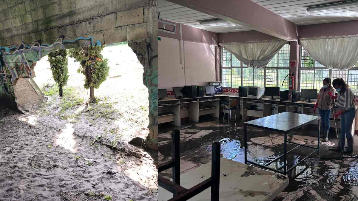 Crecida del río Atoyac derriba parte de la barda de una secundaria en Mayorazgo; agua y lodo dañan salones y biblioteca