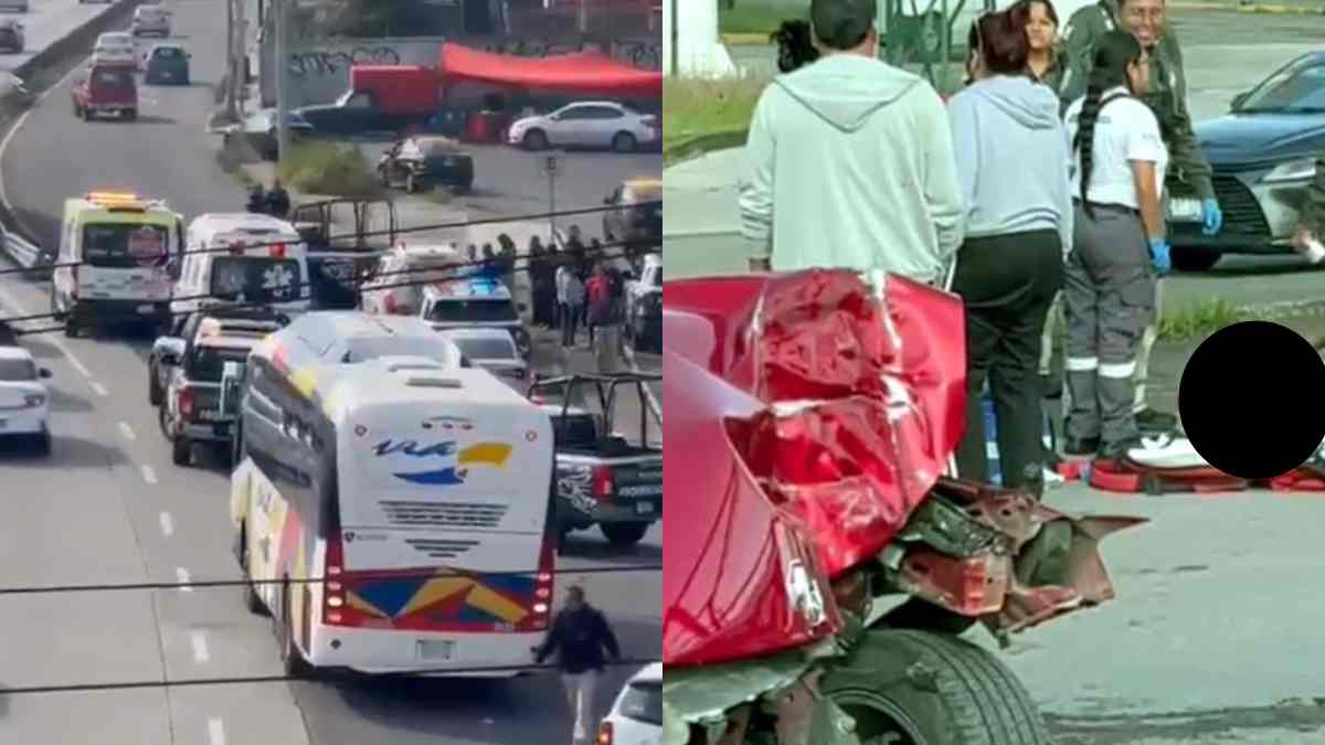 Dos lesionados tras choque en el Periférico Ecológico a la altura de Peri Plaza; auto derriba señalética