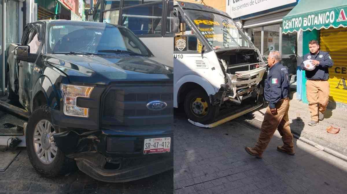 Choque entre Ruta 44 y camioneta deja cuatro heridos en el Centro Histórico de Puebla