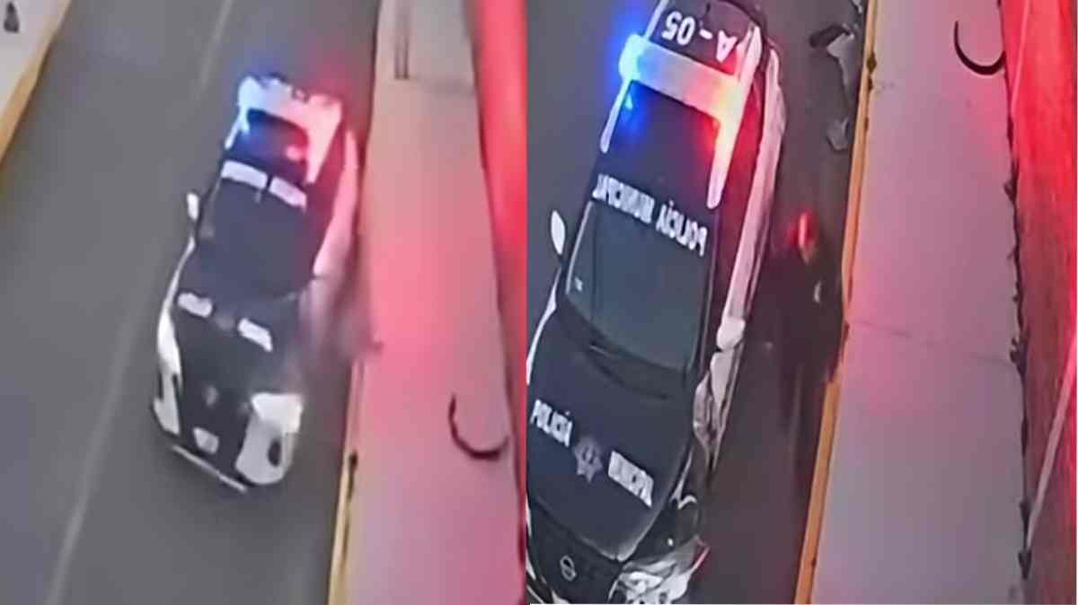 Patrulla de Apizaco termina sobre la banqueta tras accidente en calle recién rehabilitada