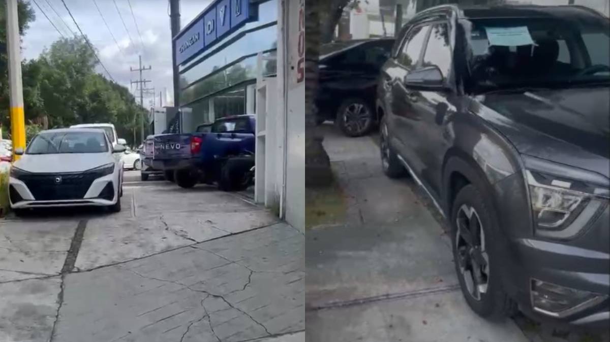 Vecinos denuncian que agencias Changan y Hyundai Serdán bloquean banquetas con autos y ponen en riesgo a peatones