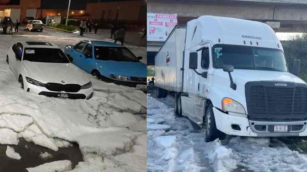 Granizo de más de 40 centímetros deja tráiler y autos atrapados cerca de Volkswagen en Coronango