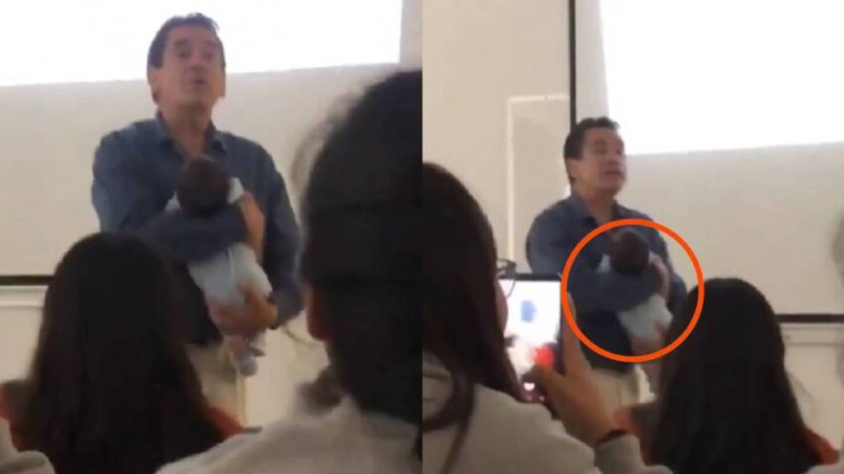 Profesor de la BUAP arrulla al bebé de una alumna para que pueda tomar clases; su gesto conquista las redes
