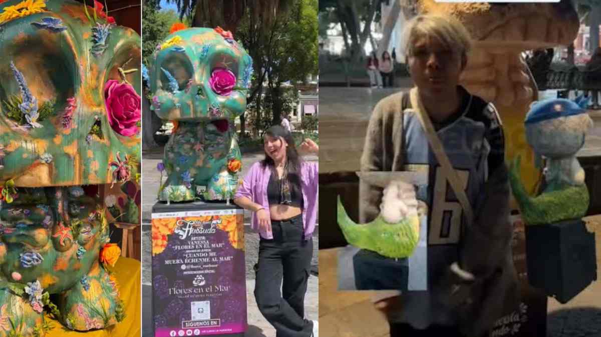 Vandalizan esculturas de “Me lleva la Huesuda” en el Zócalo de Puebla