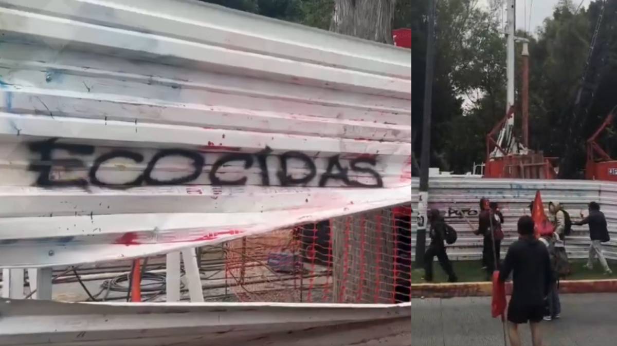 Manifestantes golpean estructura del Cablebús en el CENHCH durante movilización del 2 de octubre en rechazo al proyecto
