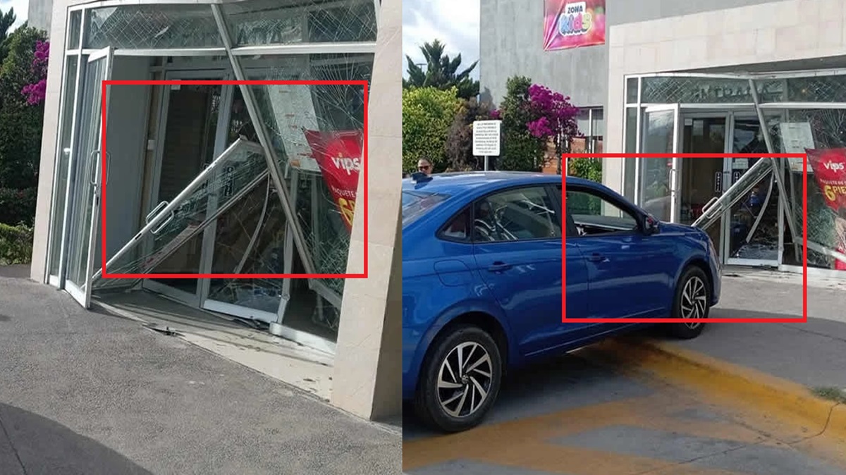 Con todo y auto: Conductor pierde el control y se estrella contra la puerta principal del Vips en Tehuacán