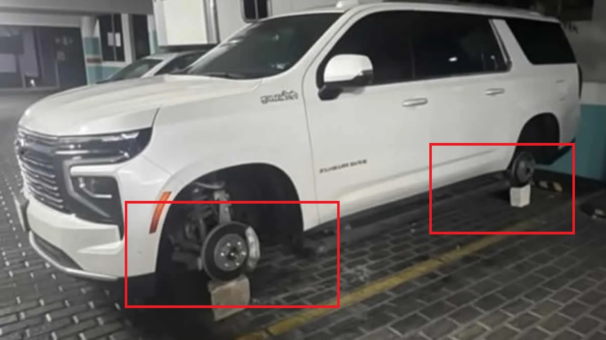 Lujo vulnerable: Dejan camioneta Suburban 2026 sobre tabiques tras robarle las cuatro llantas en Plaza Sinfonía